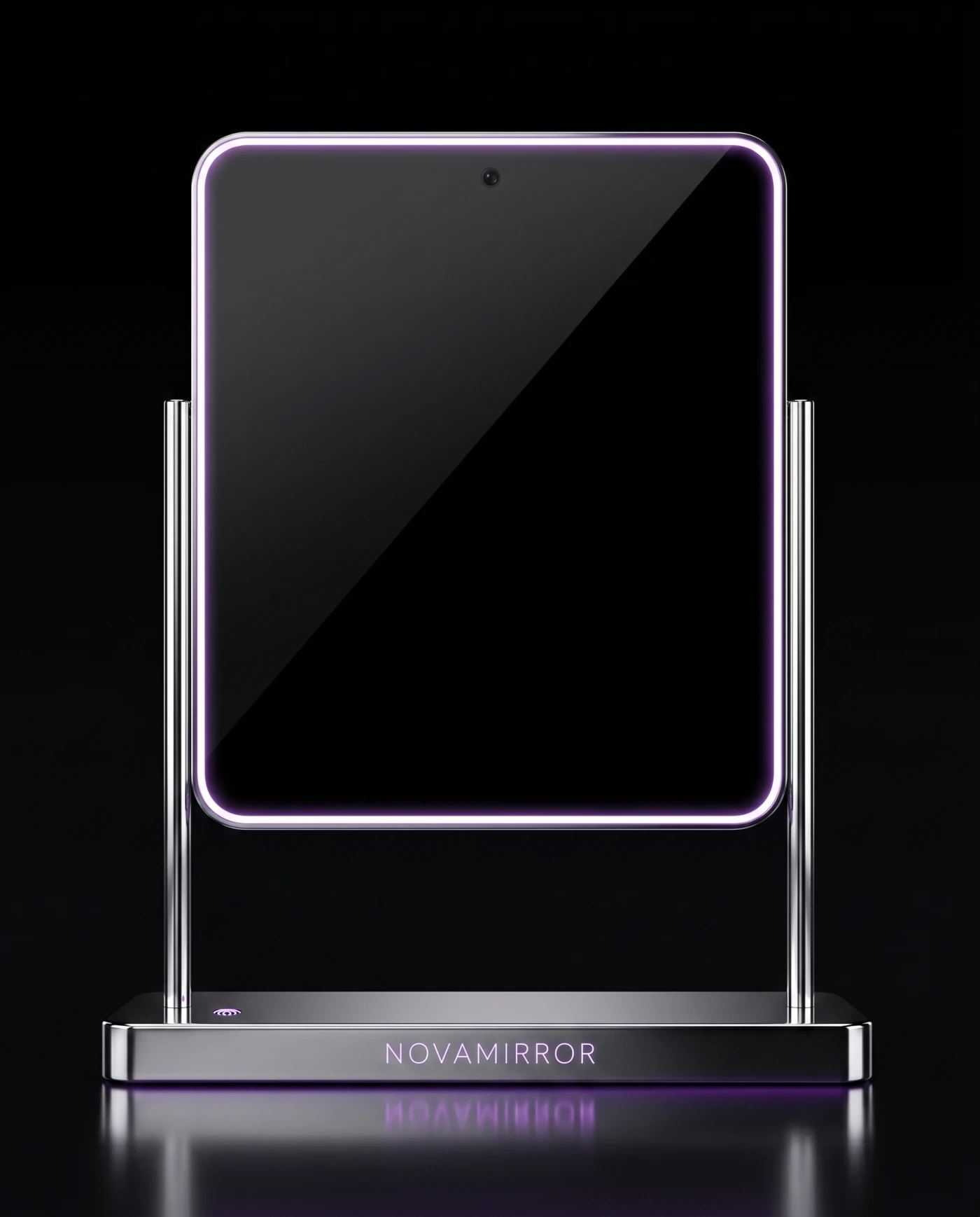 The NovaMirror with lilac lighting and a silver base