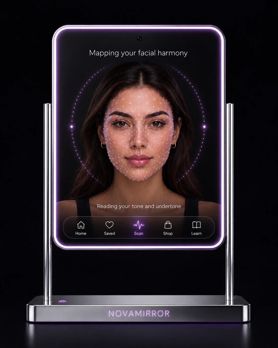 The consumer NovaMirror displaying Mapping your facial harmony, a face with a lilac scan mesh, and a glass navigation bar